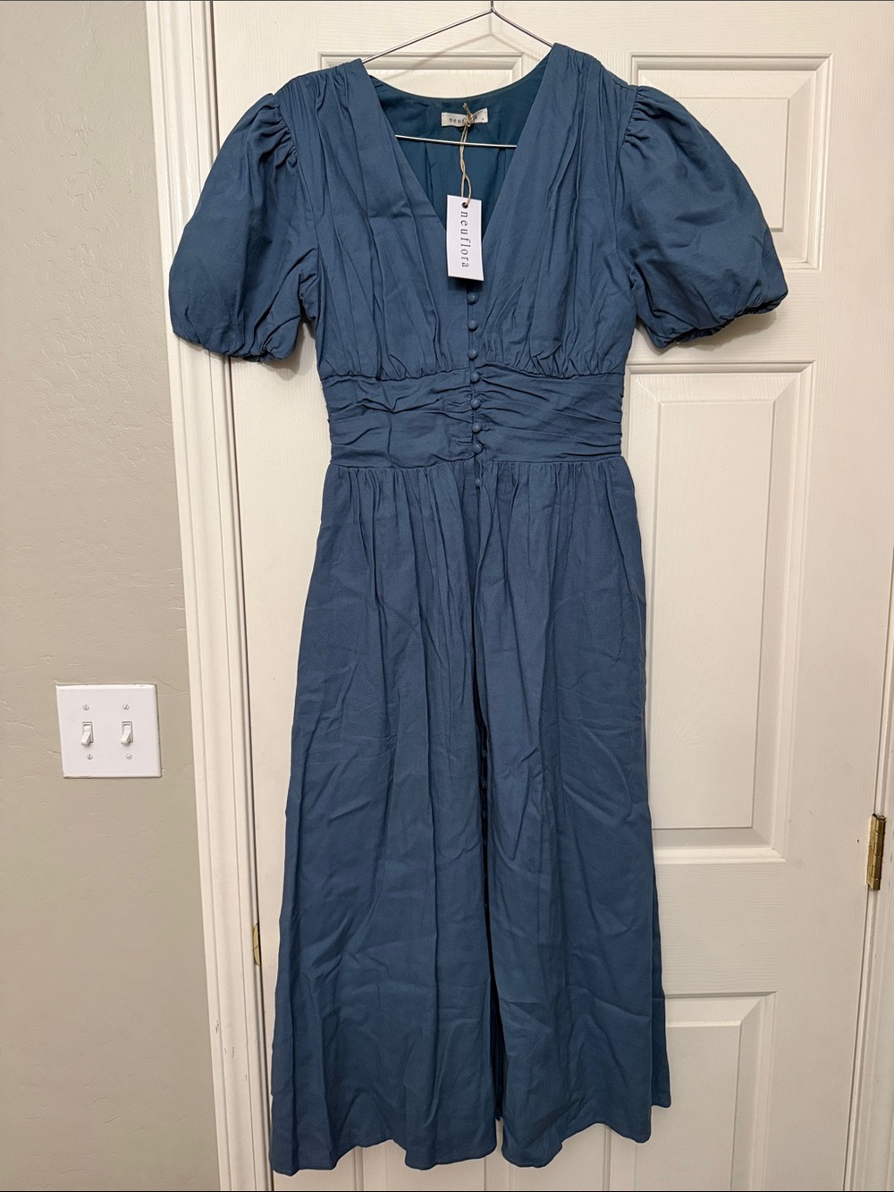 Puff-Sleeve V-Neck Midi Dress in Slate Blue
